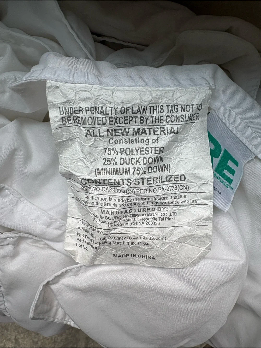 White Duvet Full/Queen w/Storage Bag